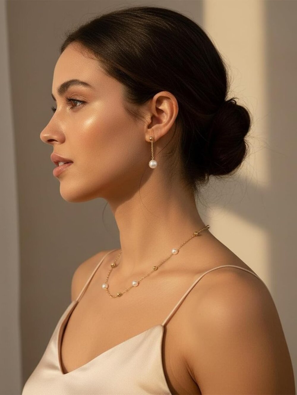 Gold Jewelry Sets For Women, Gold Pearl Dangle Earrings Bracelets Necklaces Set, View 4